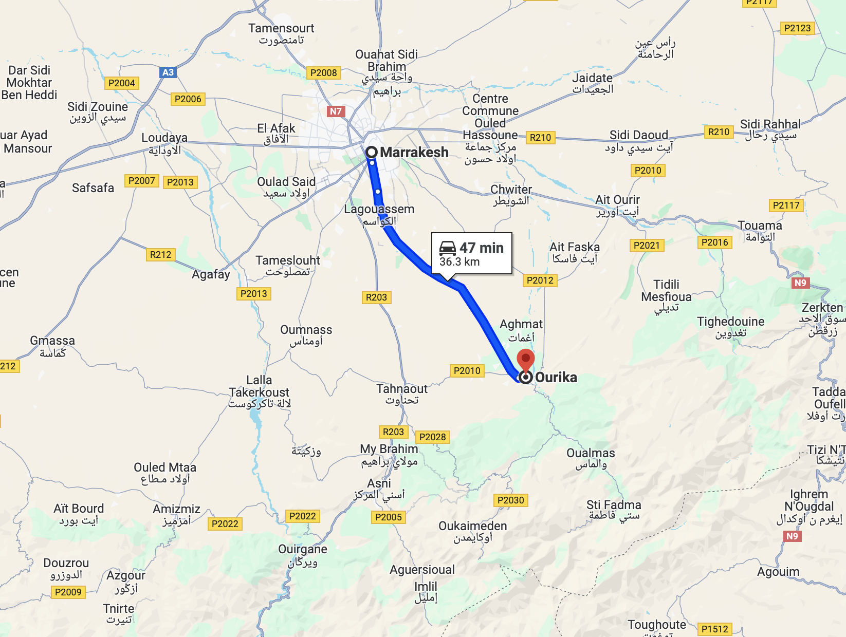 Map showing route from Marrakech to Ourika Valley through Atlas Mountains